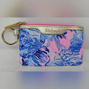 Lilly Pulitzer Blue & Pink Zip ID Wallet Coin Purse Keychain Pouch Accessory
